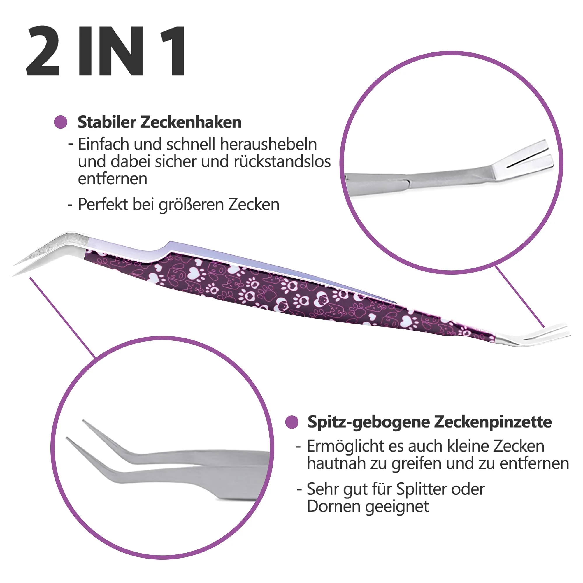 2-in-1 Profi Zeckenzange - für Hunde und Katzen - Violett