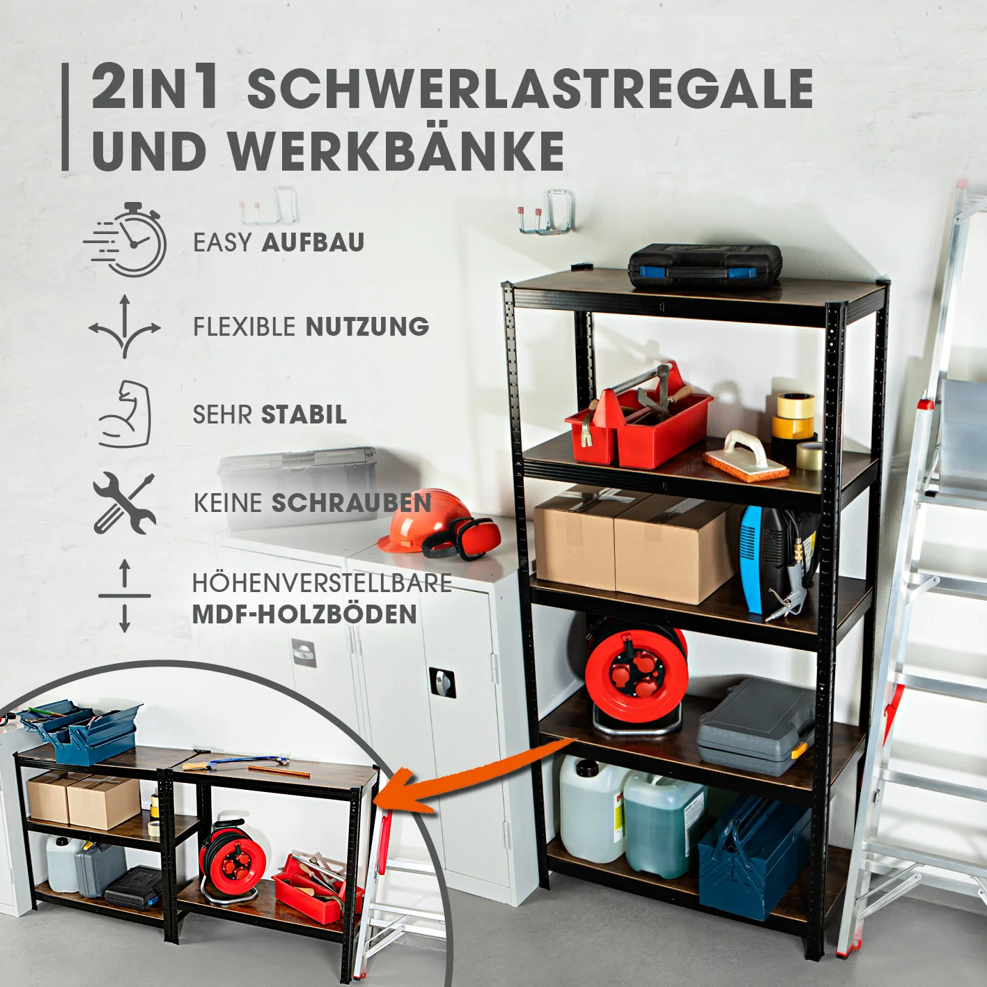 2 in 1 Schwerlastregal & Werkbank - 180 x 90 x 40 cm - Schwarz - Image 2