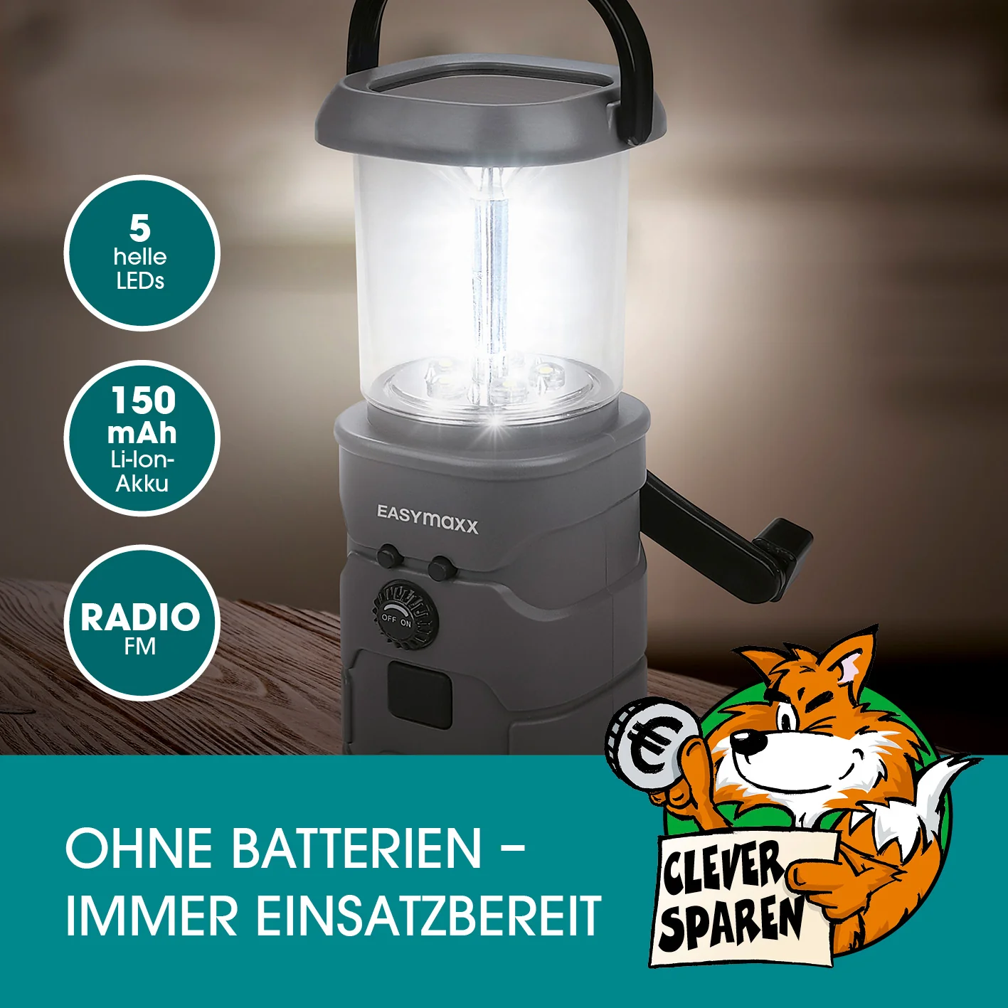 Akku-Lampe mit Radio - Lädt über Solar, Kurbel und USB - Image 2