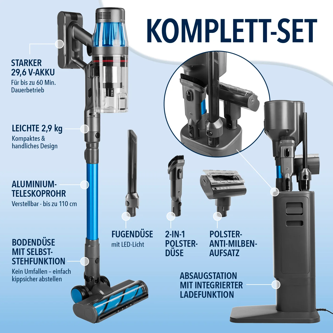 AeroTech 500 Staubsauger mit Absaugstation – Grau-Blau - Image 9