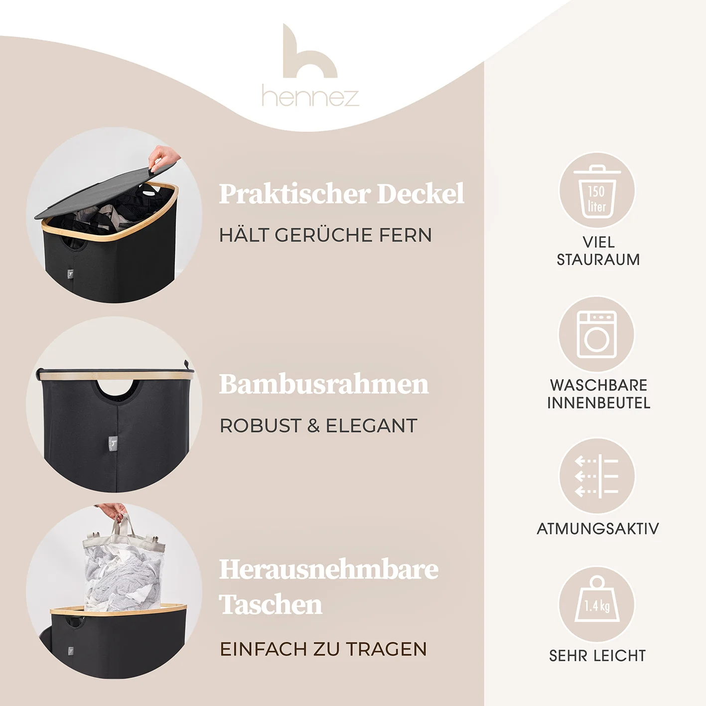 Aufbewahrungskorb "Adrian" 150 l mit Deckel & 3 Fächern - Schwarz - Image 2