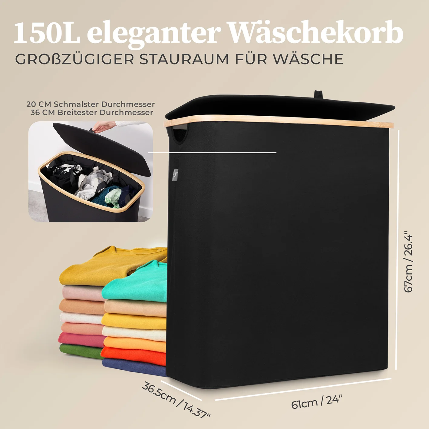 Aufbewahrungskorb "Adrian" 150 l mit Deckel & 3 Fächern - Schwarz - Image 3