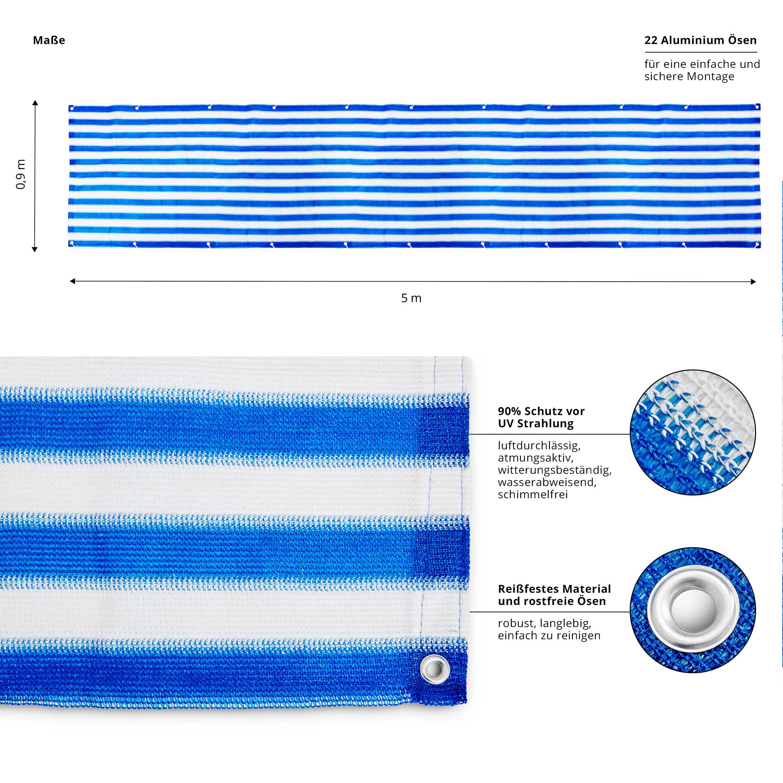Balkonsichtschutz inkl. Befestigungsseil - 0,9 x 5 m - Blau/Weiß - Image 3