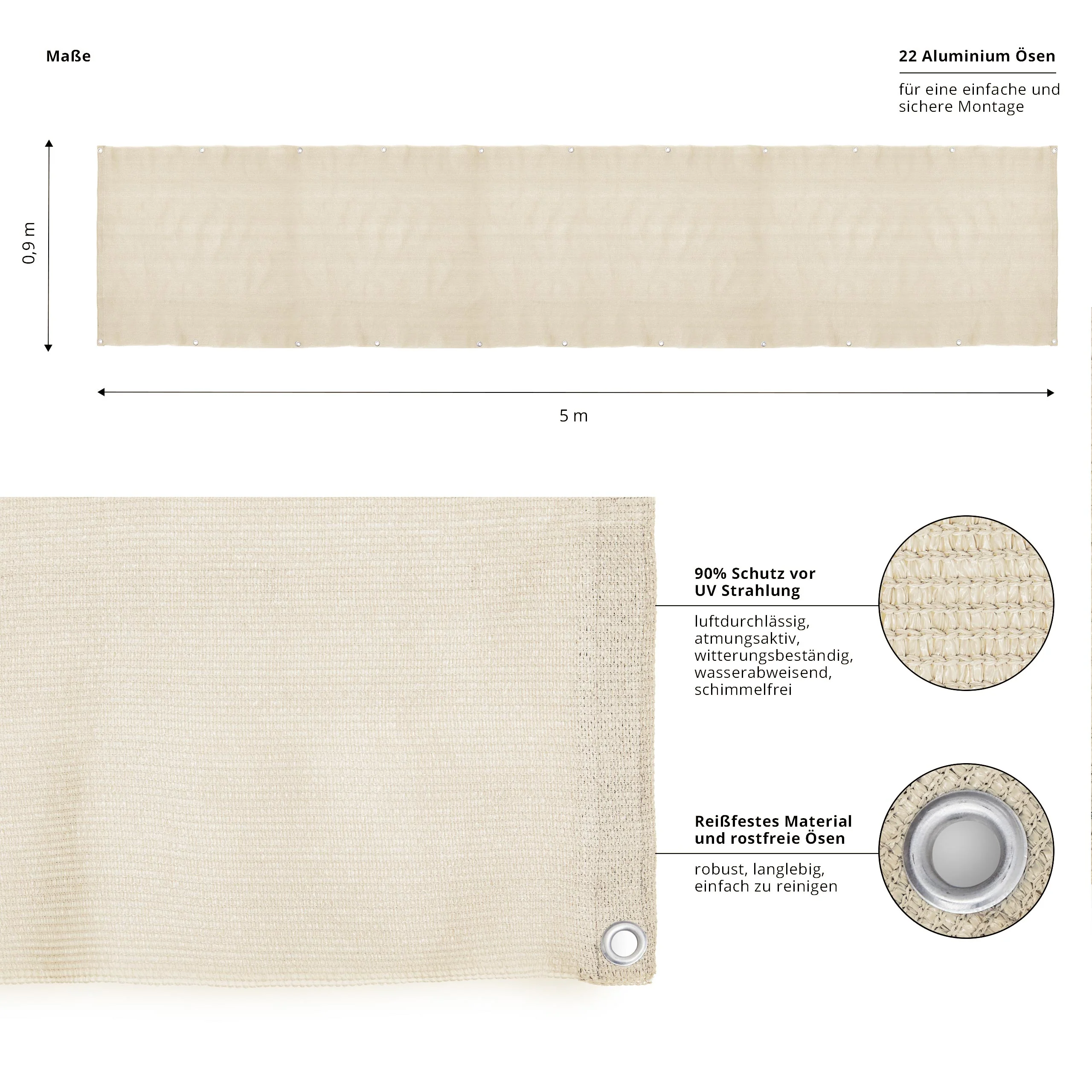 Balkonsichtschutz inkl. Befestigungsseil - 0,9 x 5 m - Creme - Image 3