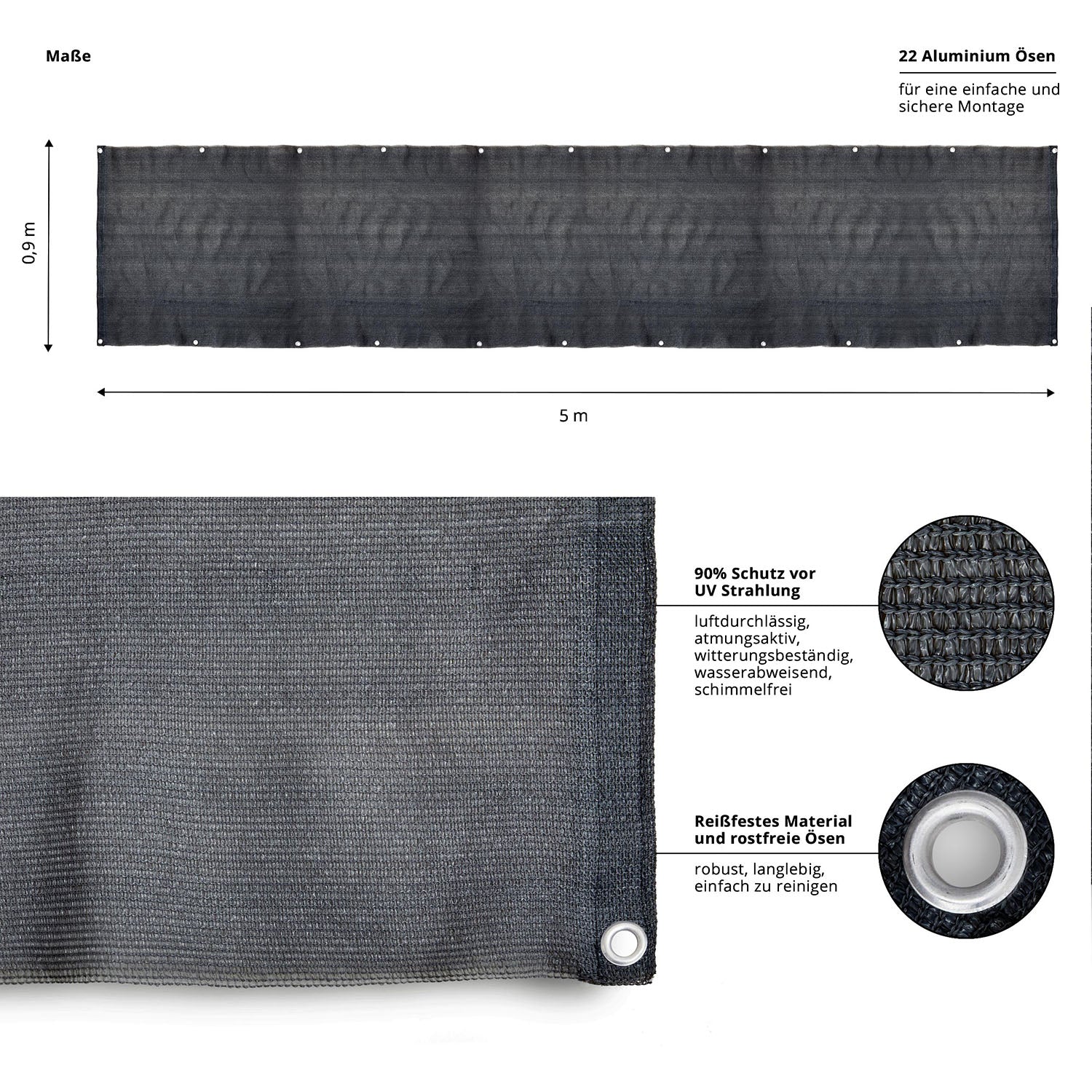 Balkonsichtschutz inkl. Befestigungsseil - 0,9 x 5 m - Dunkelgrau - Image 3