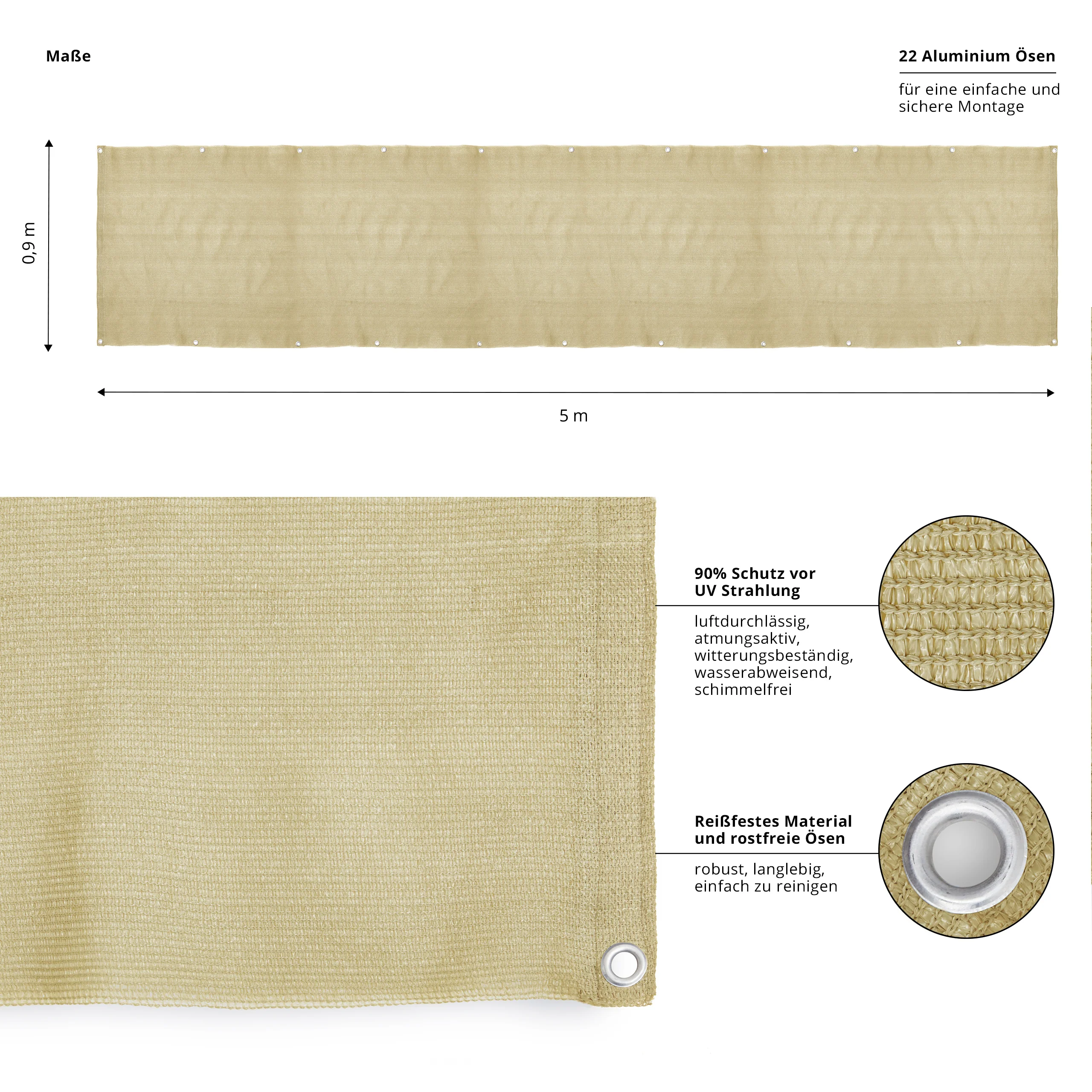 Balkonsichtschutz inkl. Befestigungsseil - 0,9 x 5 m - Sand - Image 3