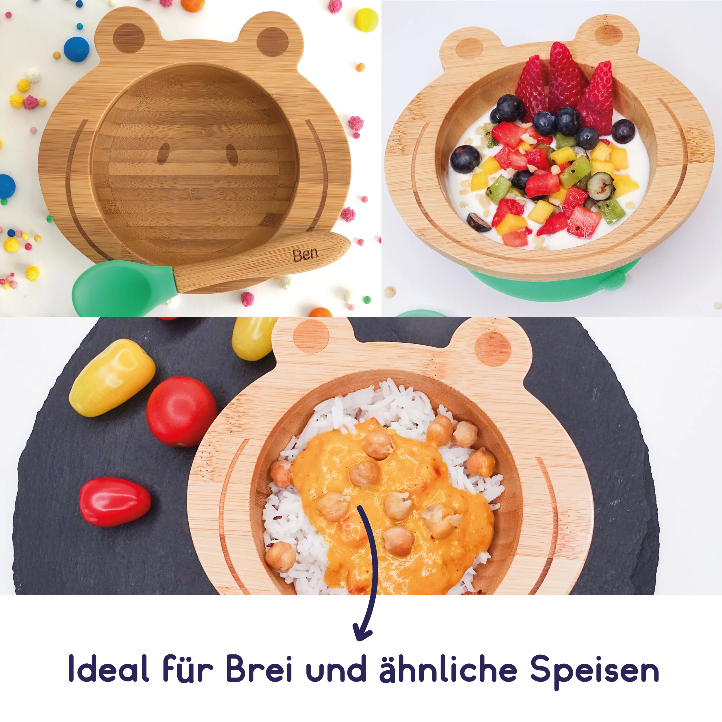 Bambus-Schüssel für Kinder inkl. Löffel - mit Froschmotiv - Grün - Image 6