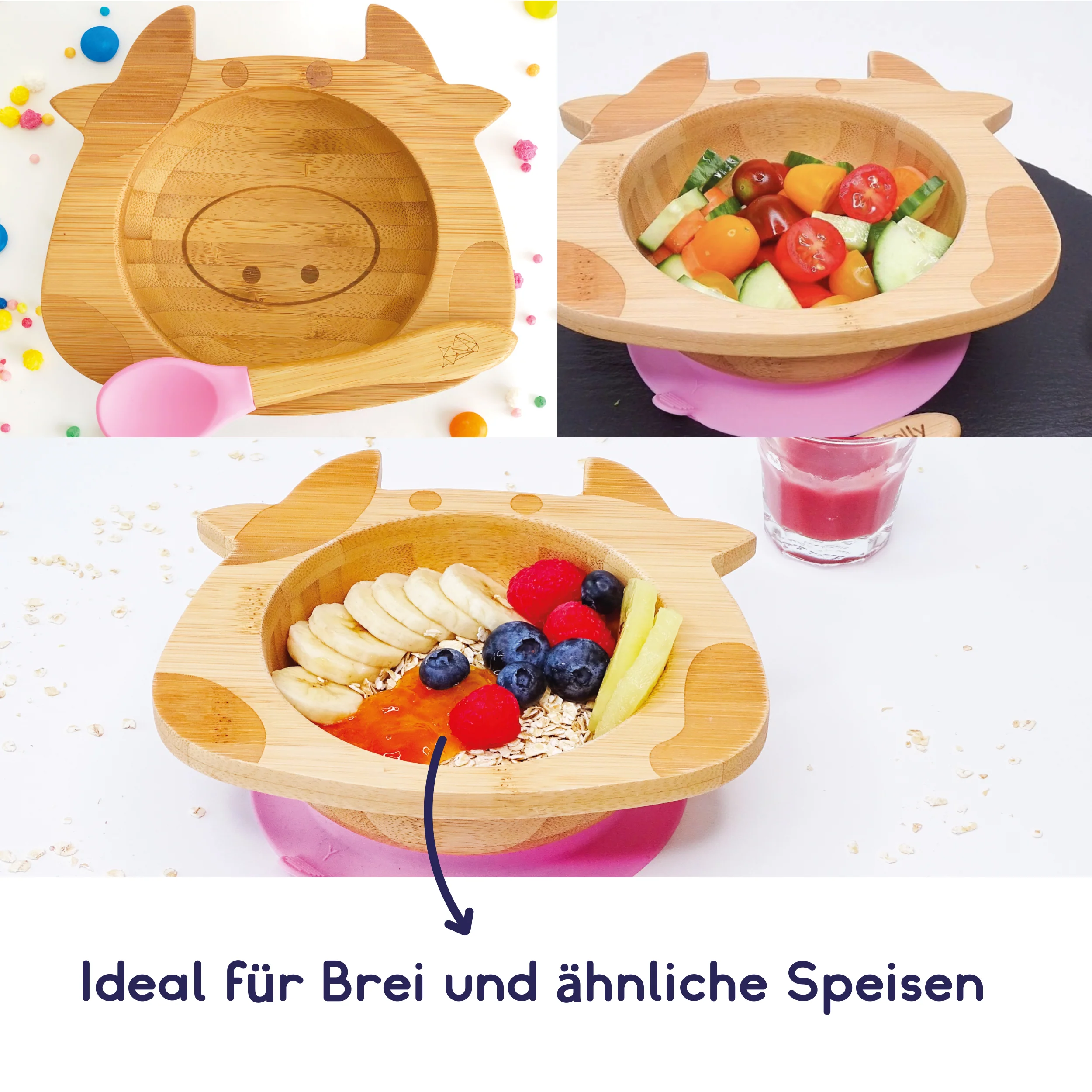 Bambus-Schüssel für Kinder inkl. Löffel - mit Kuhmotiv - Rosa - Image 5