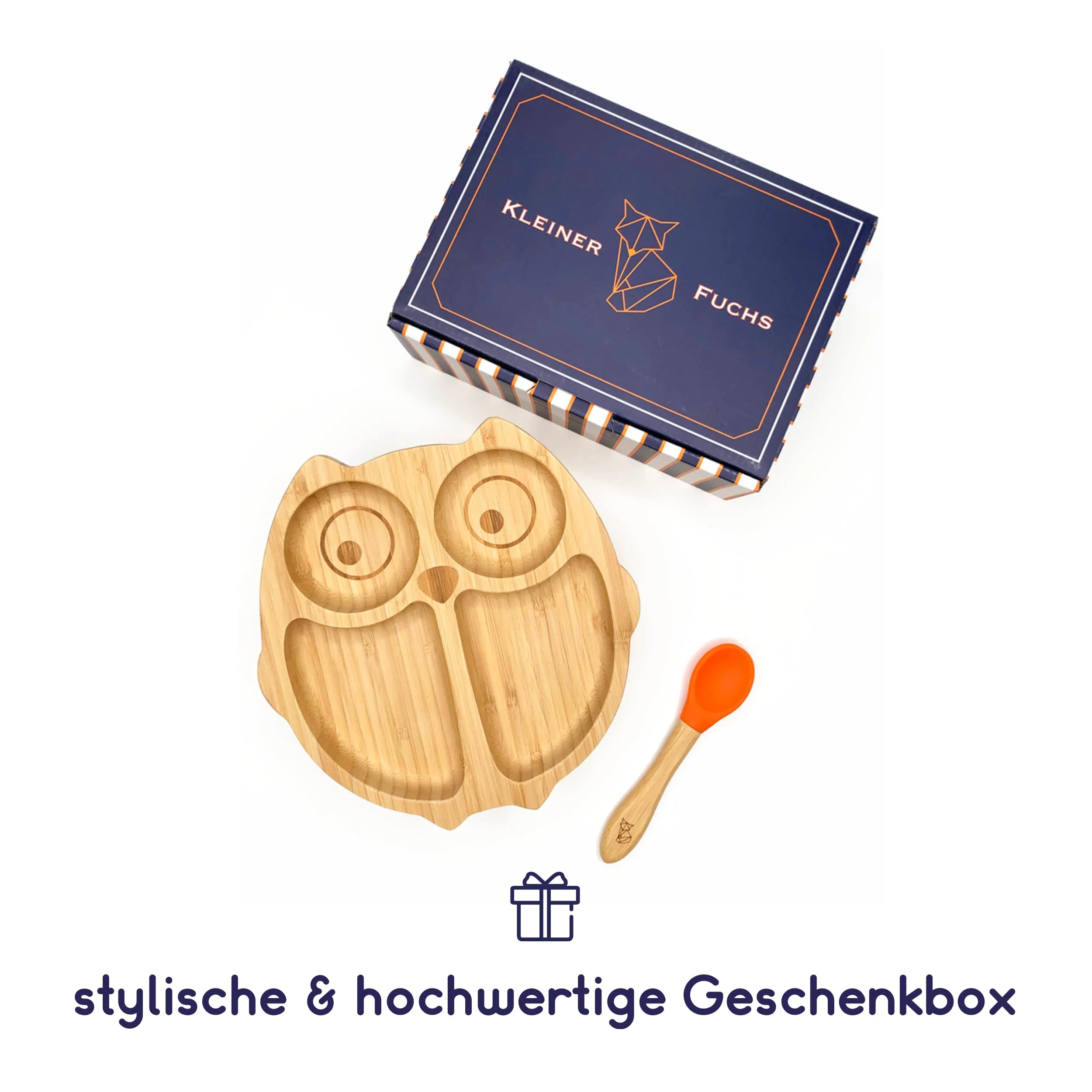 Bambus-Teller für Kinder inkl. Löffel - mit Eulenmotiv - Orange - Image 3