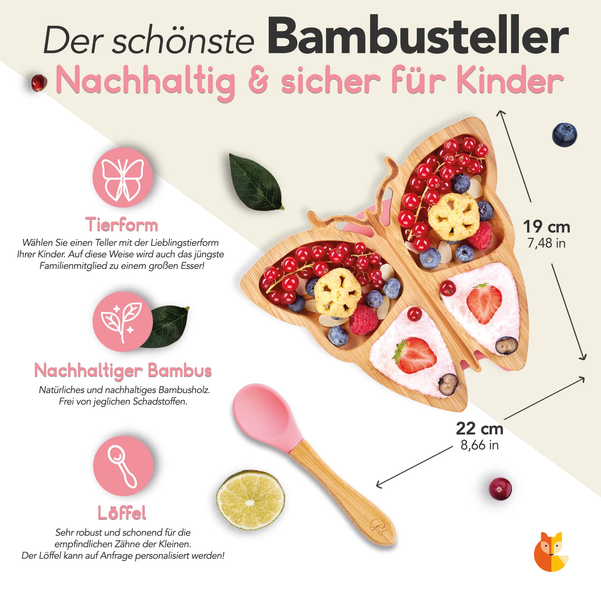 Bambus-Teller für Kinder inkl. Löffel - mit Schmetterlingsmotiv - Rosa - Image 3