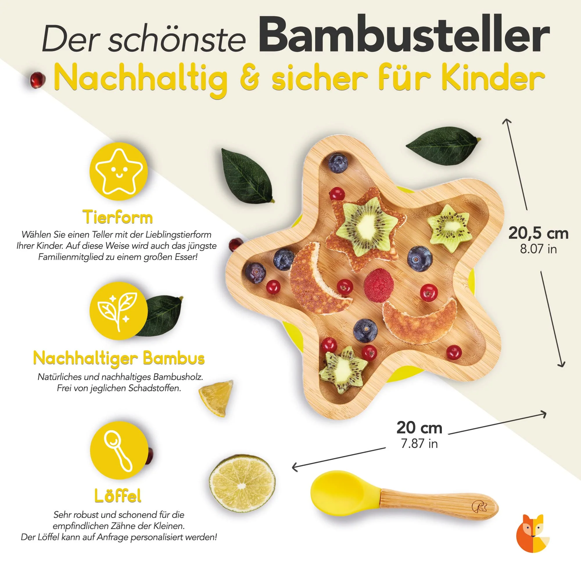 Bambus-Teller für Kinder inkl. Löffel - mit Sternmotiv - Gelb - Image 2