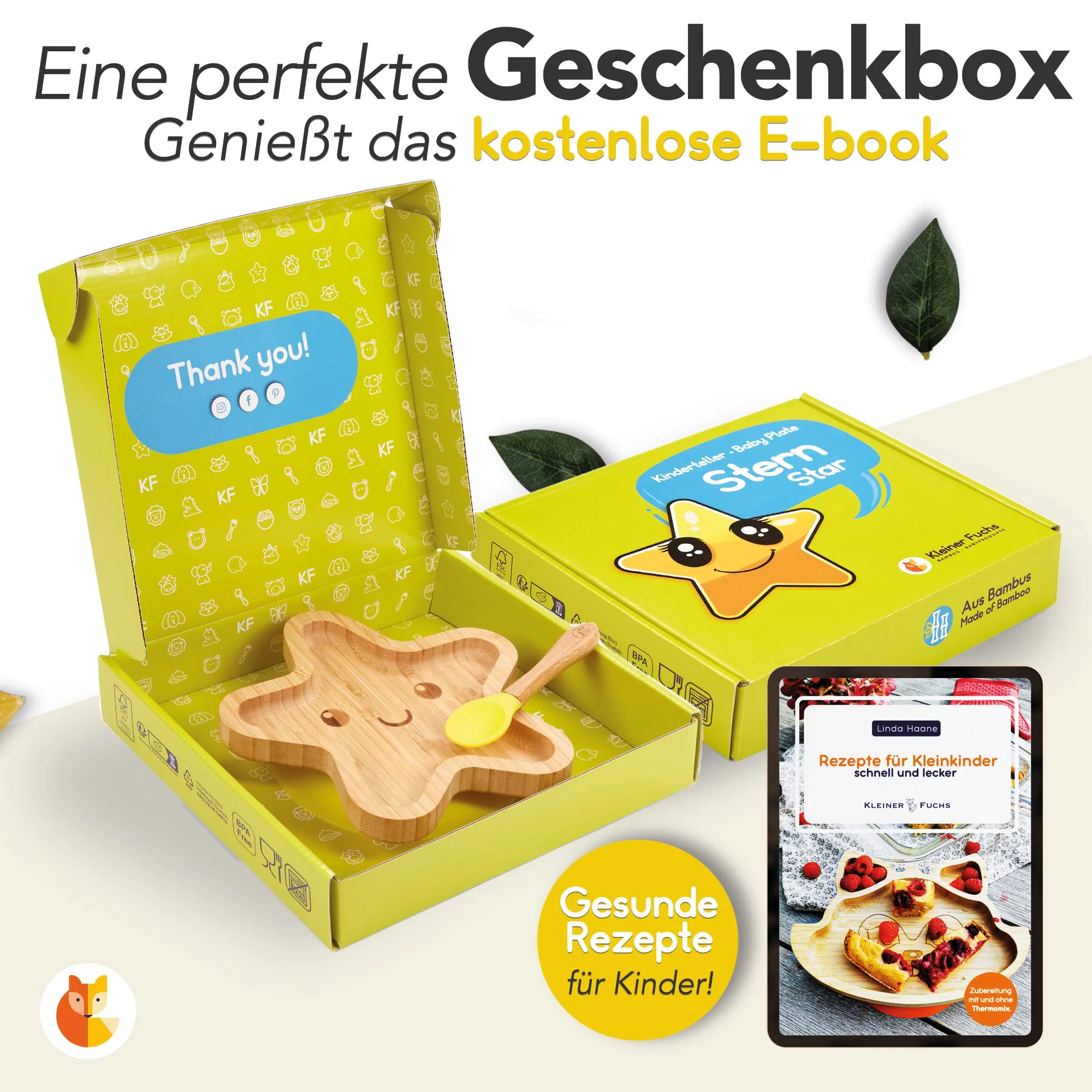 Bambus-Teller für Kinder inkl. Löffel - mit Sternmotiv - Gelb - Image 3