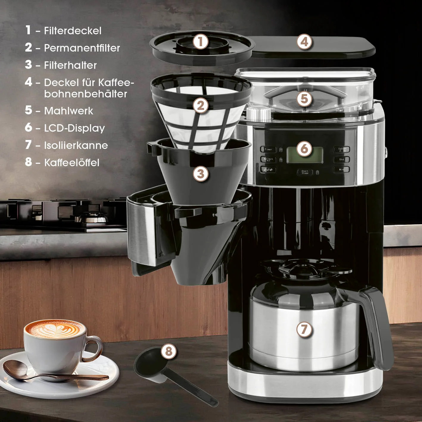 Kaffeemaschine mit Mahlwerk mit Isolierkanne - 1000 Watt - Edelstahl/schwarz - Image 7
