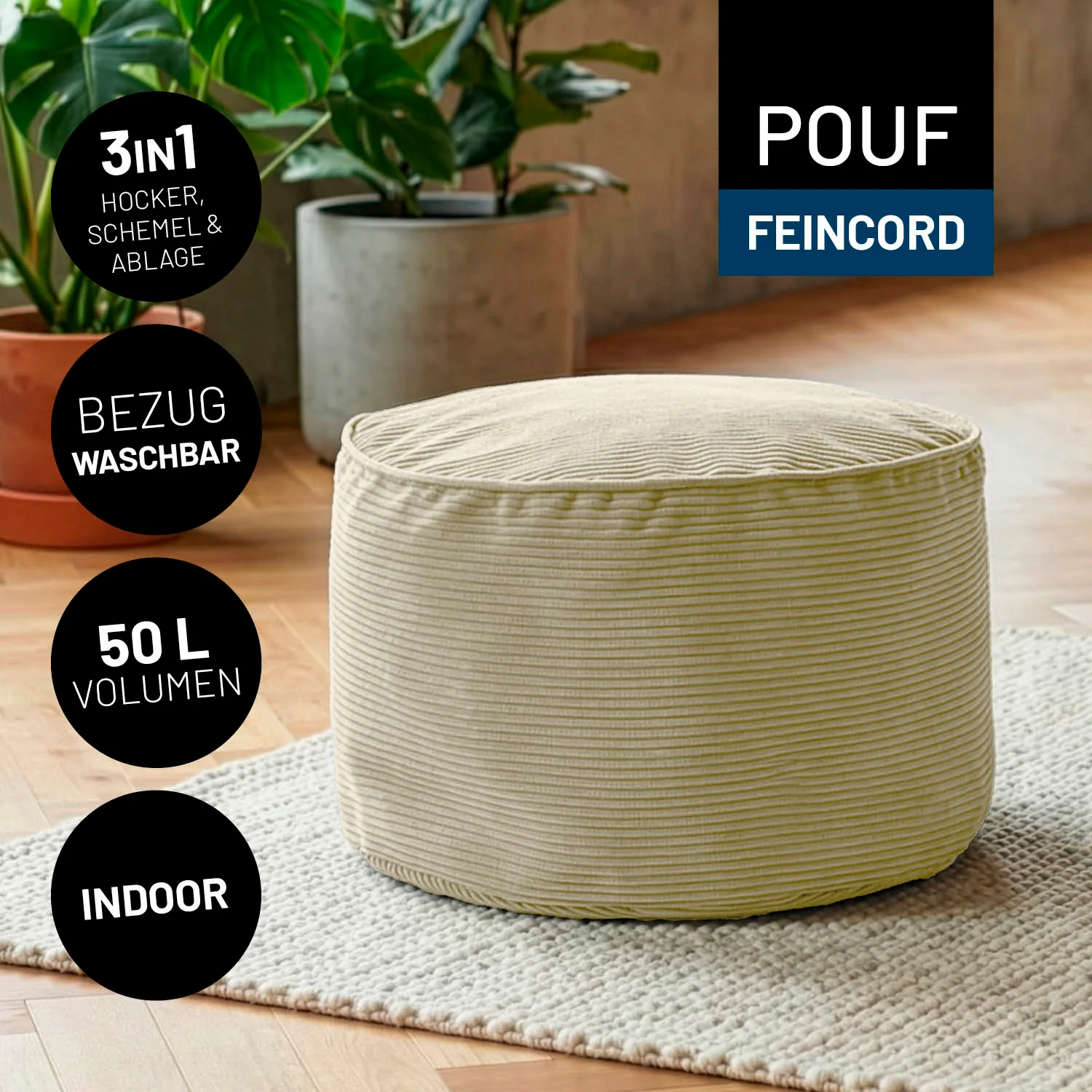 Comfort Line Pouf Feincord - 25 x 40 cm - 50 l - Beige - Image 2
