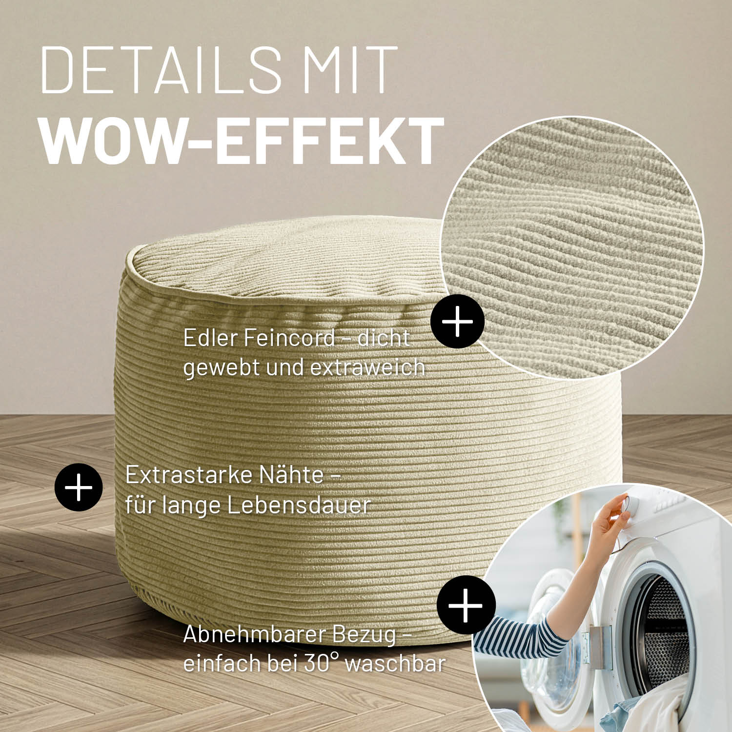 Comfort Line Pouf Feincord - 25 x 40 cm - 50 l - Beige - Image 4