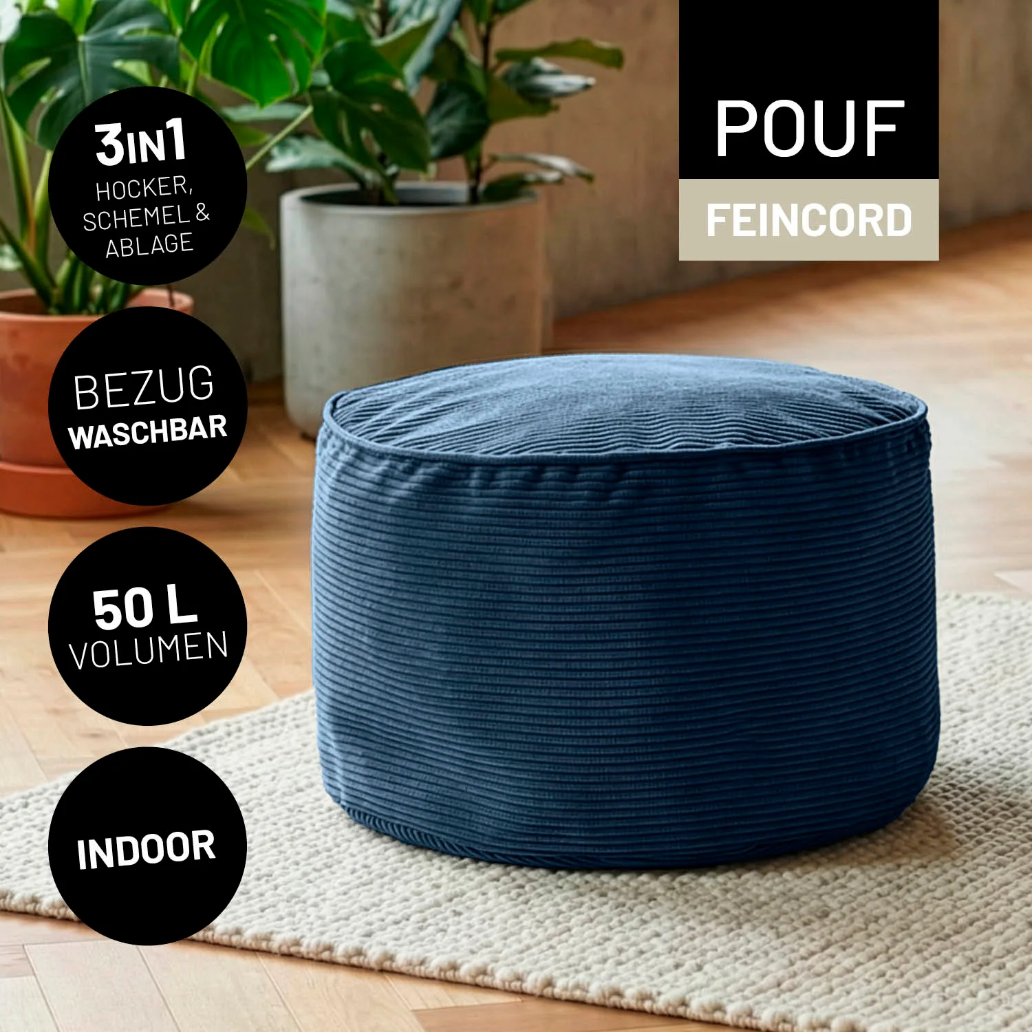 Comfort Line Pouf Feincord - 25 x 40 cm - 50 l - Dunkelblau - Image 2
