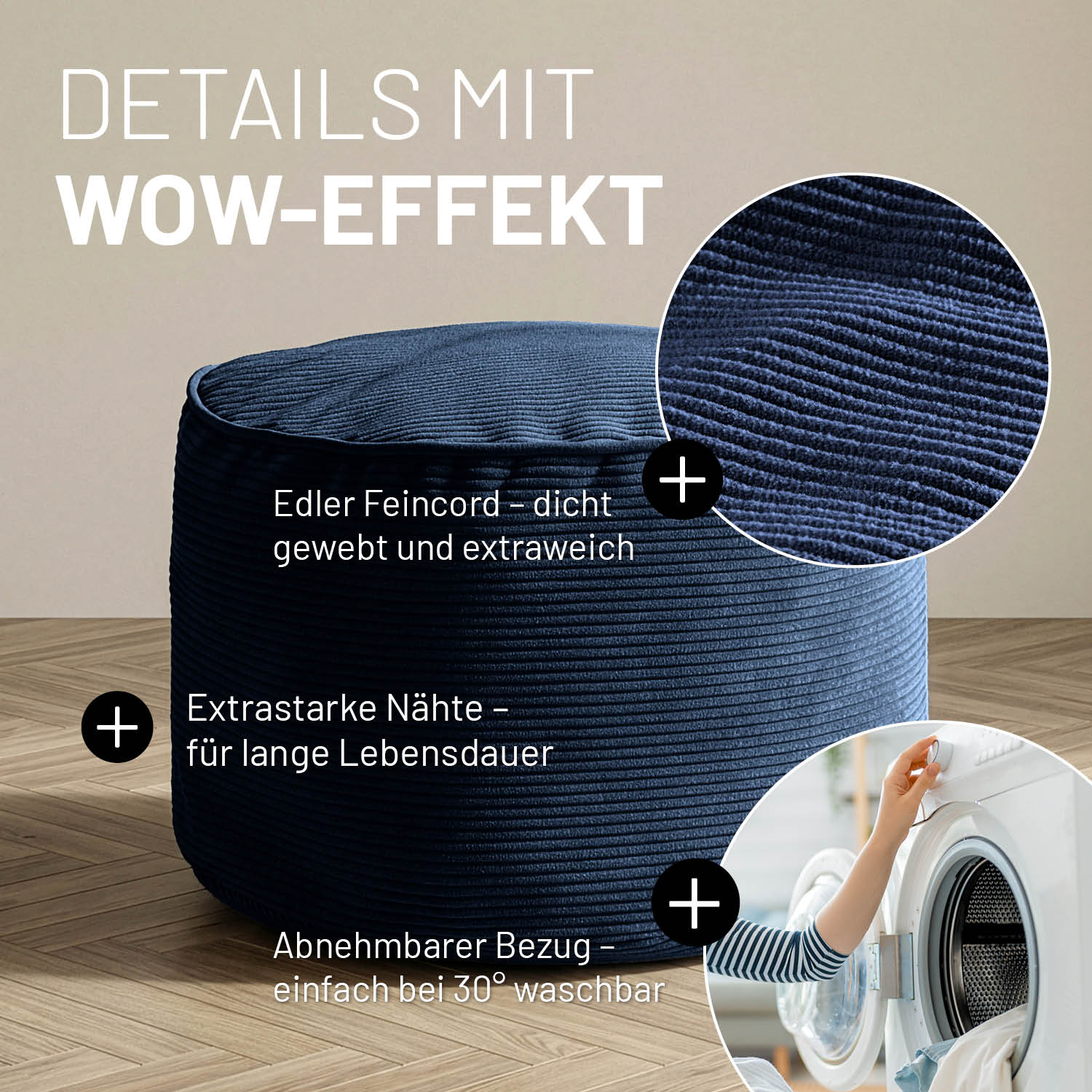 Comfort Line Pouf Feincord - 25 x 40 cm - 50 l - Dunkelblau - Image 4