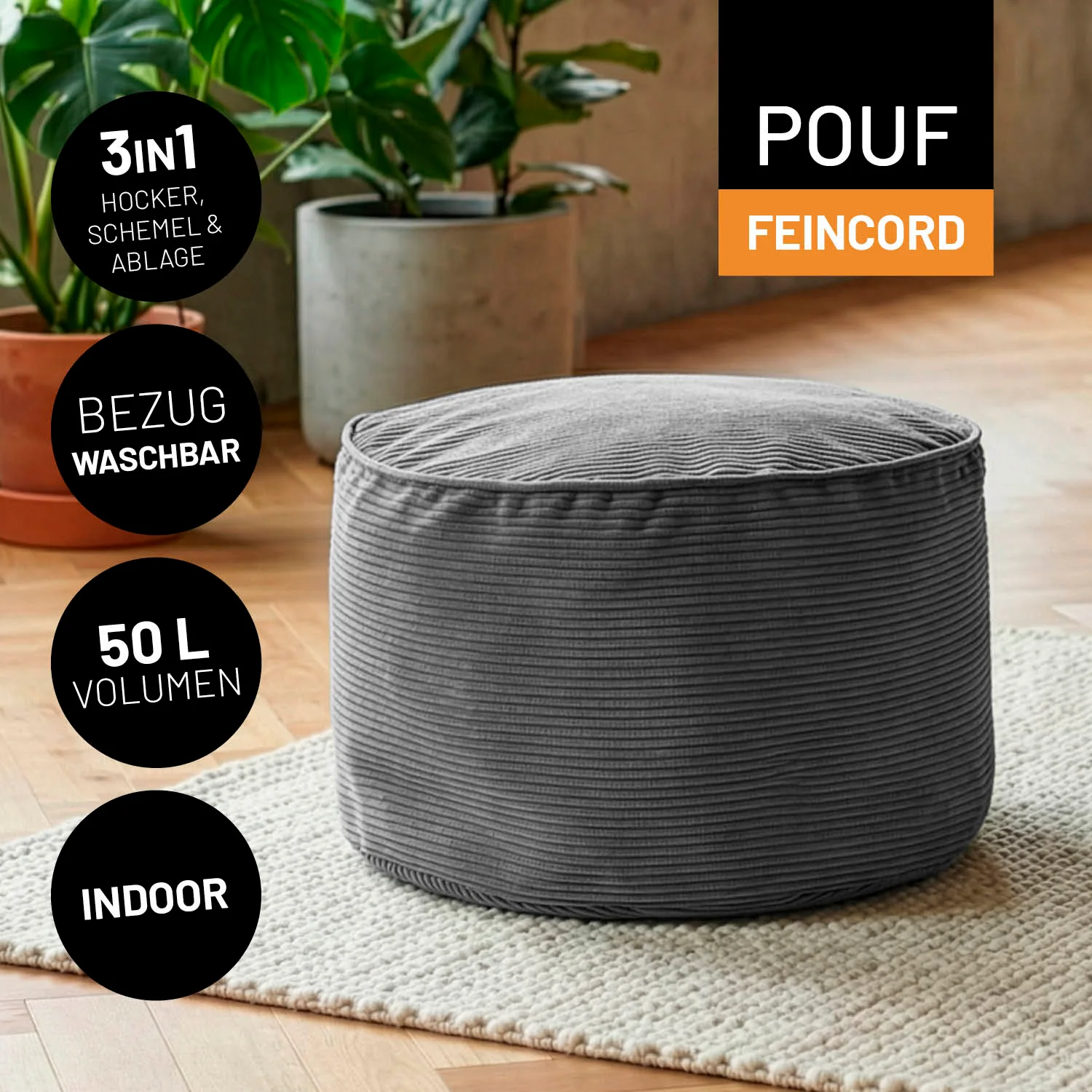 Comfort Line Pouf Feincord - 25 x 40 cm - 50 l - Grau - Image 2