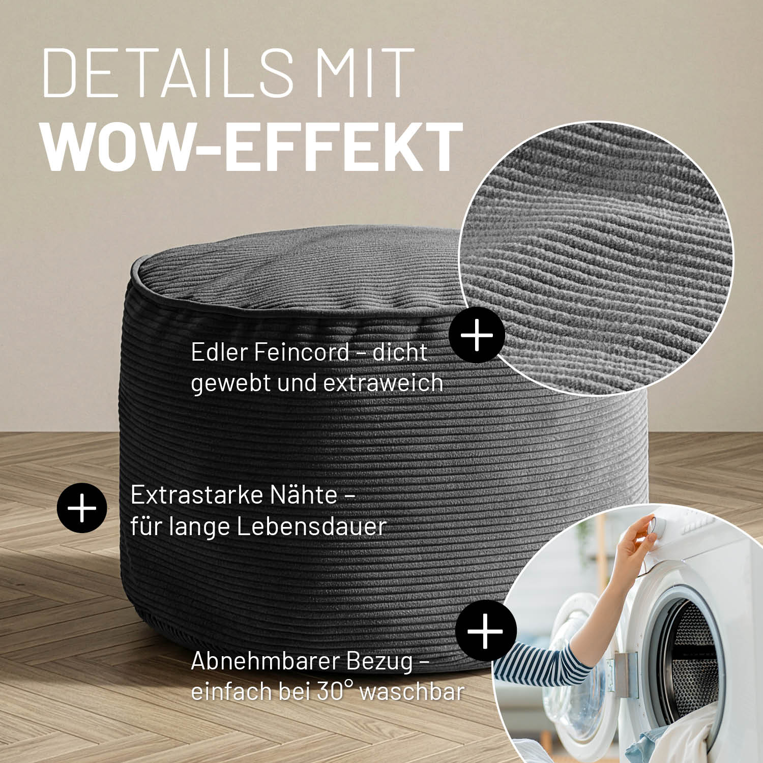 Comfort Line Pouf Feincord - 25 x 40 cm - 50 l - Grau - Image 4