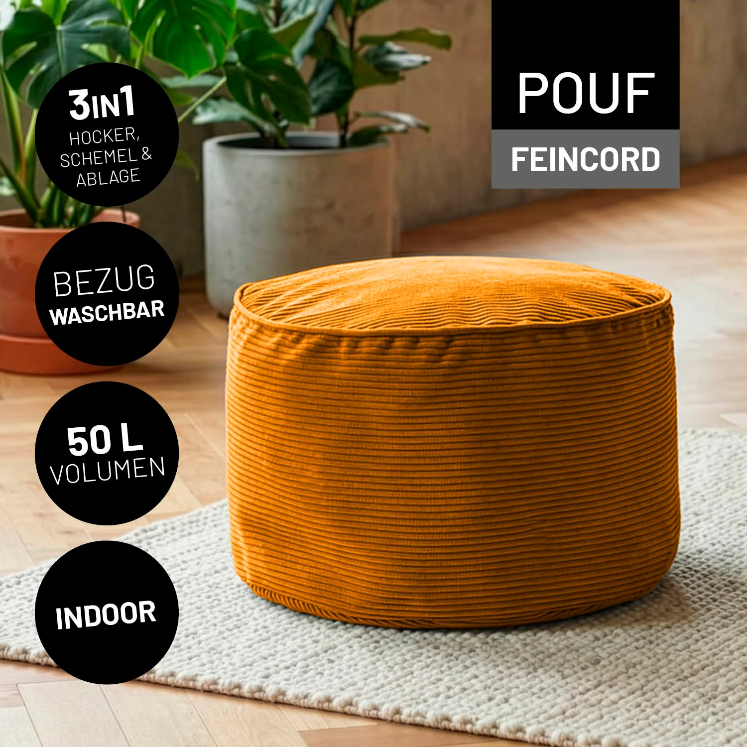 Comfort Line Pouf Feincord - 25 x 40 cm - 50 l - Senfgelb - Image 2