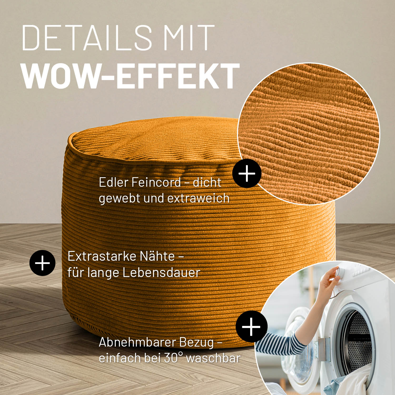Comfort Line Pouf Feincord - 25 x 40 cm - 50 l - Senfgelb - Image 4