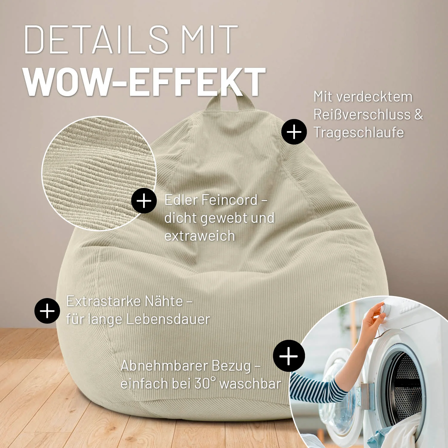 Comfort Line Sitzsack Feincord XL - 250 L - Beige - Image 6