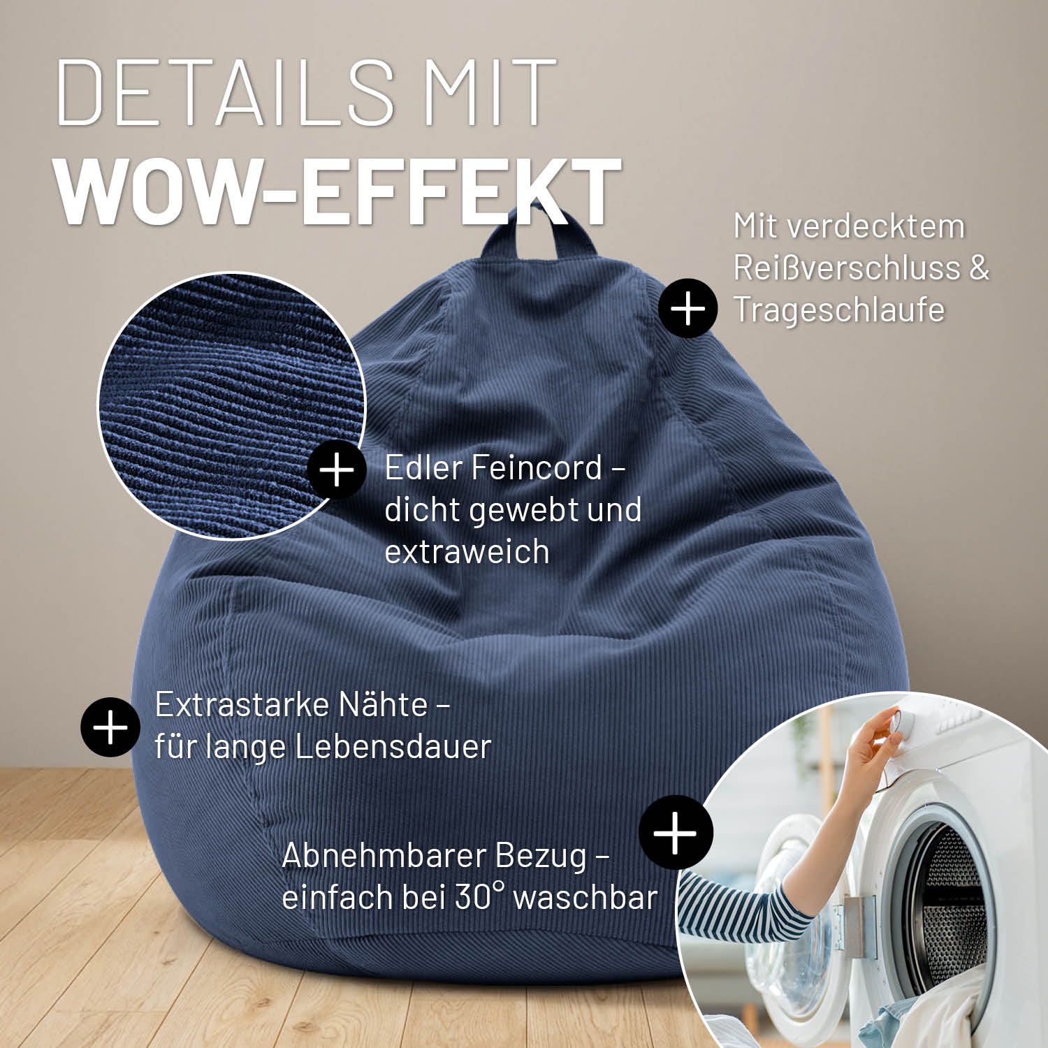 Comfort Line Sitzsack Feincord XL - 250 L - Dunkelblau - Image 6