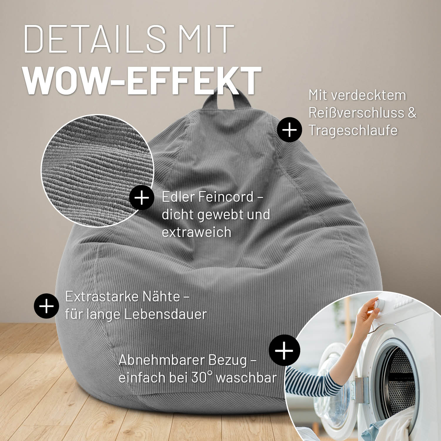 Comfort Line Sitzsack Feincord XXL - 315 L - Grau - Image 6
