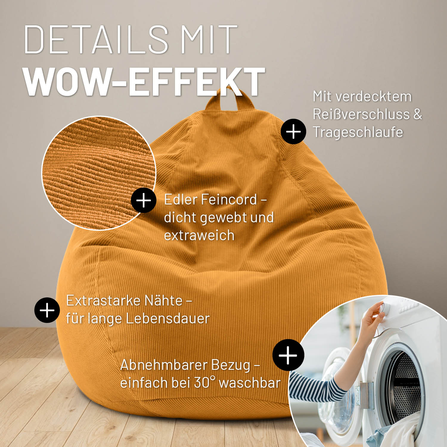 Comfort Line Sitzsack Feincord XXL - 315 L - Senfgelb - Image 6