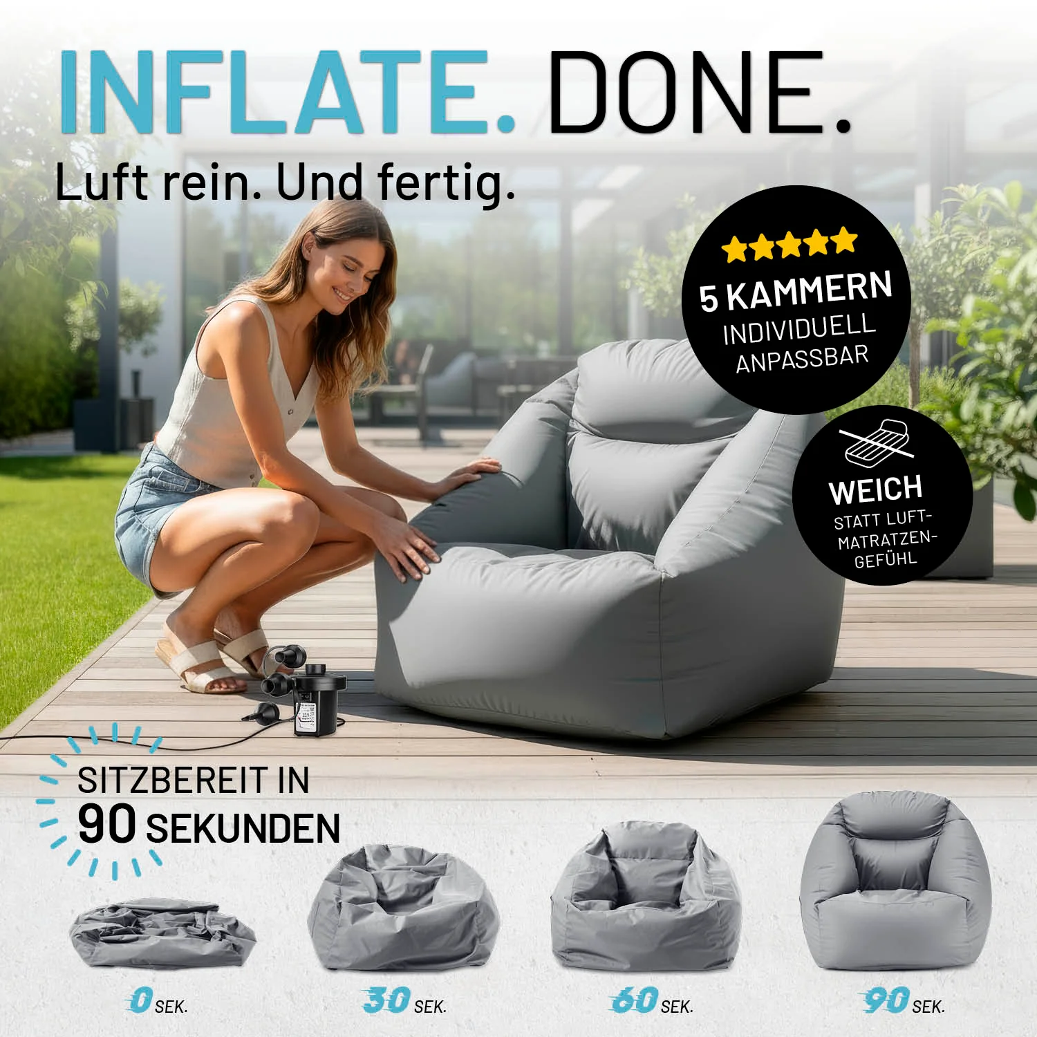 CrozyAir Luftsessel - 87 x 95 x 80/35 cm - Grau - Image 2
