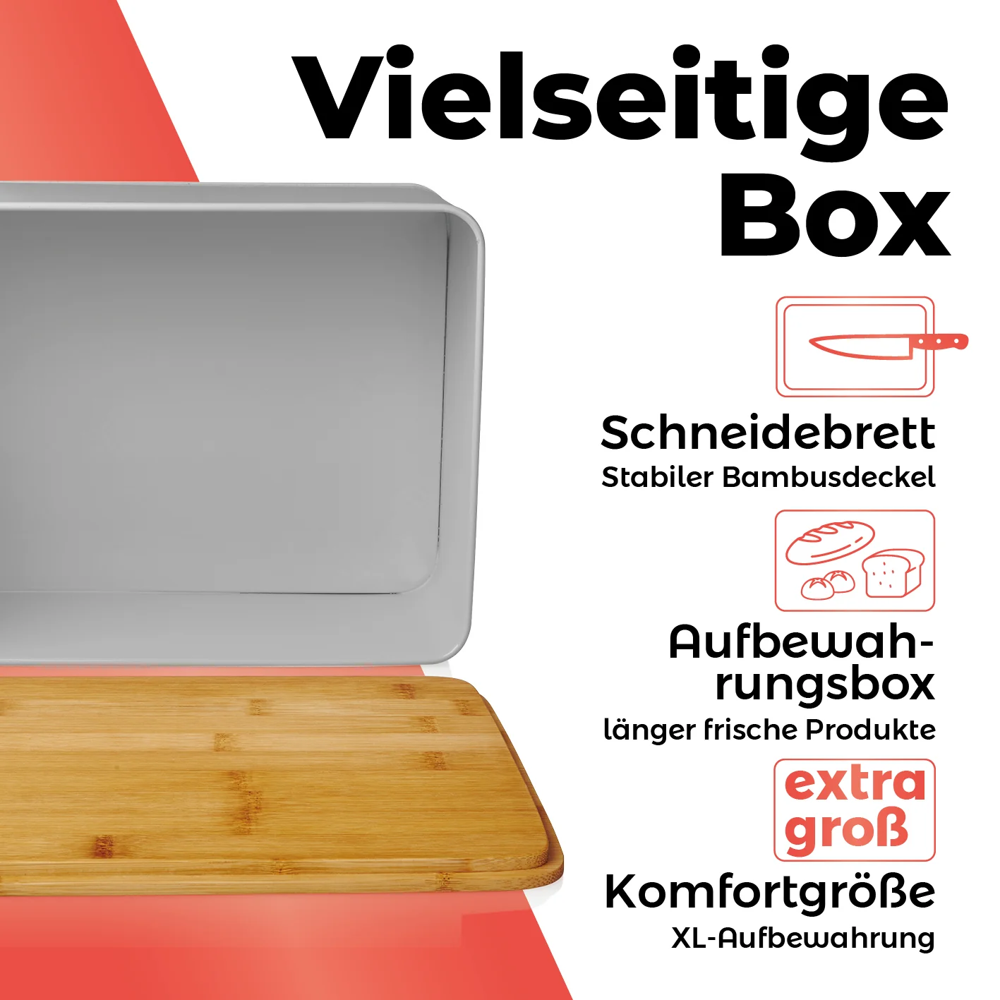 Cuisine Brotkasten aus Metall mit Bambus Deckel - Rechteckig 30,5 x 23,5 x 14 cm - Hellgrau - Image 2