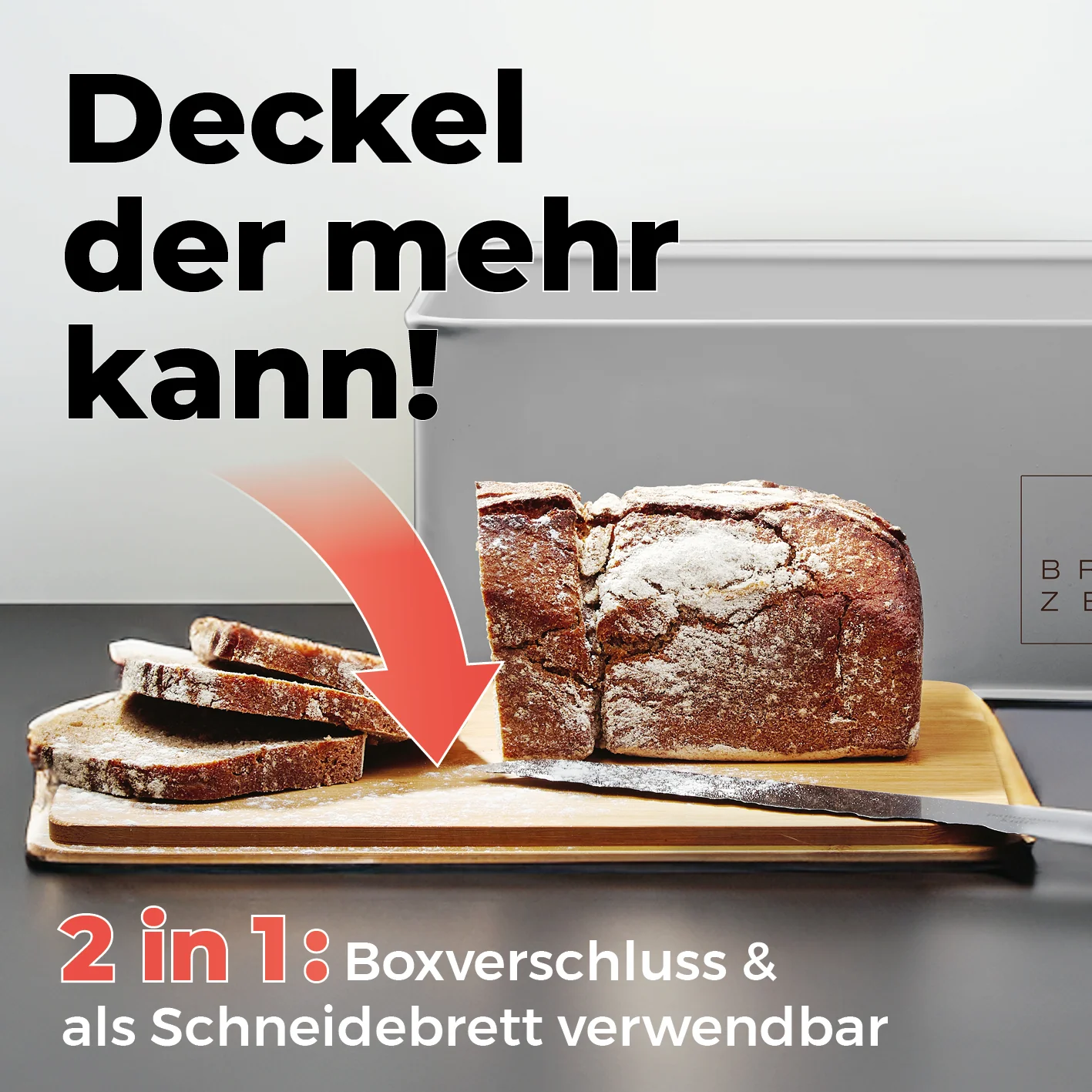 Cuisine Brotkasten aus Metall mit Bambus Deckel - Rechteckig 30,5 x 23,5 x 14 cm - Hellgrau - Image 3