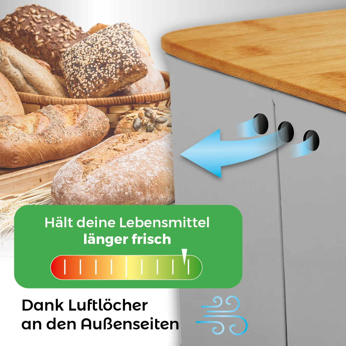 Cuisine Brotkasten aus Metall mit Bambus Deckel - Rechteckig 30,5 x 23,5 x 14 cm - Hellgrau - Image 6