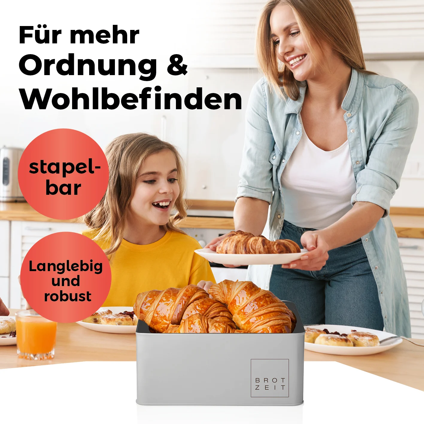 Cuisine Brotkasten aus Metall mit Bambus Deckel - Rechteckig 30,5 x 23,5 x 14 cm - Hellgrau - Image 8