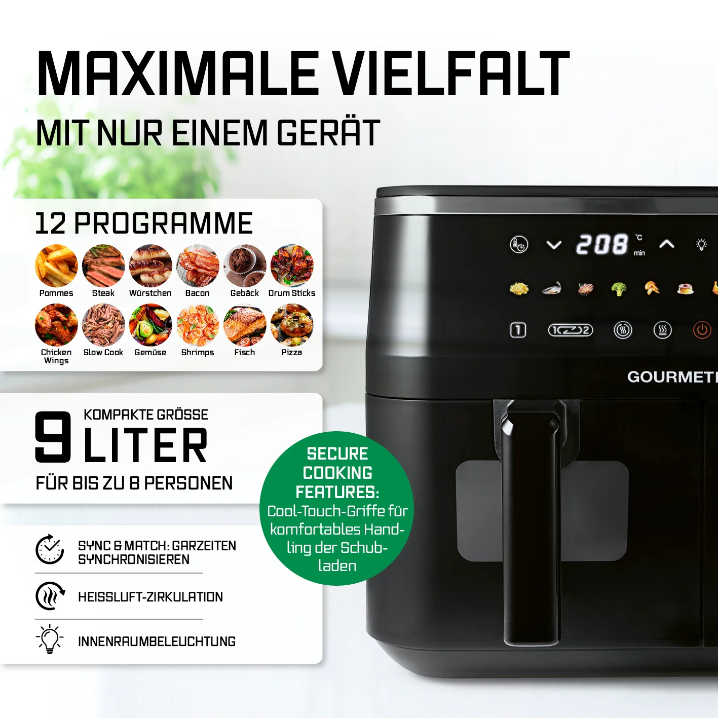 Doppelkammer-Heißluftfritteuse mit Sichtfenstern - 9 Liter (2 x 4,5 l) - Image 2
