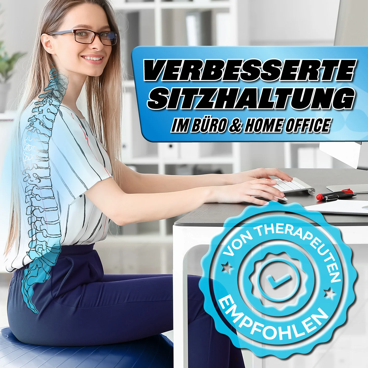 Gymnastikball inkl. Ballpumpe - Fitness Sitzball - Blau - 65 cm - Image 5