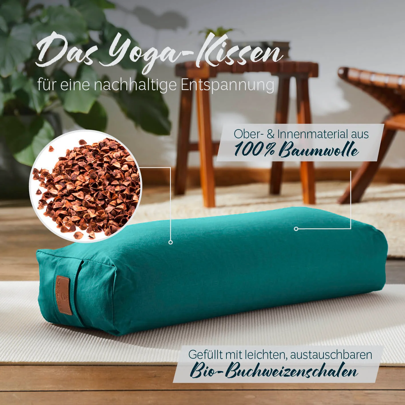 Yoga-Bolster Paravati - gefüllt mit Bio-Buchweizenschalen - 67 x 22 x 13 cm - Dunkelgrün - Image 2