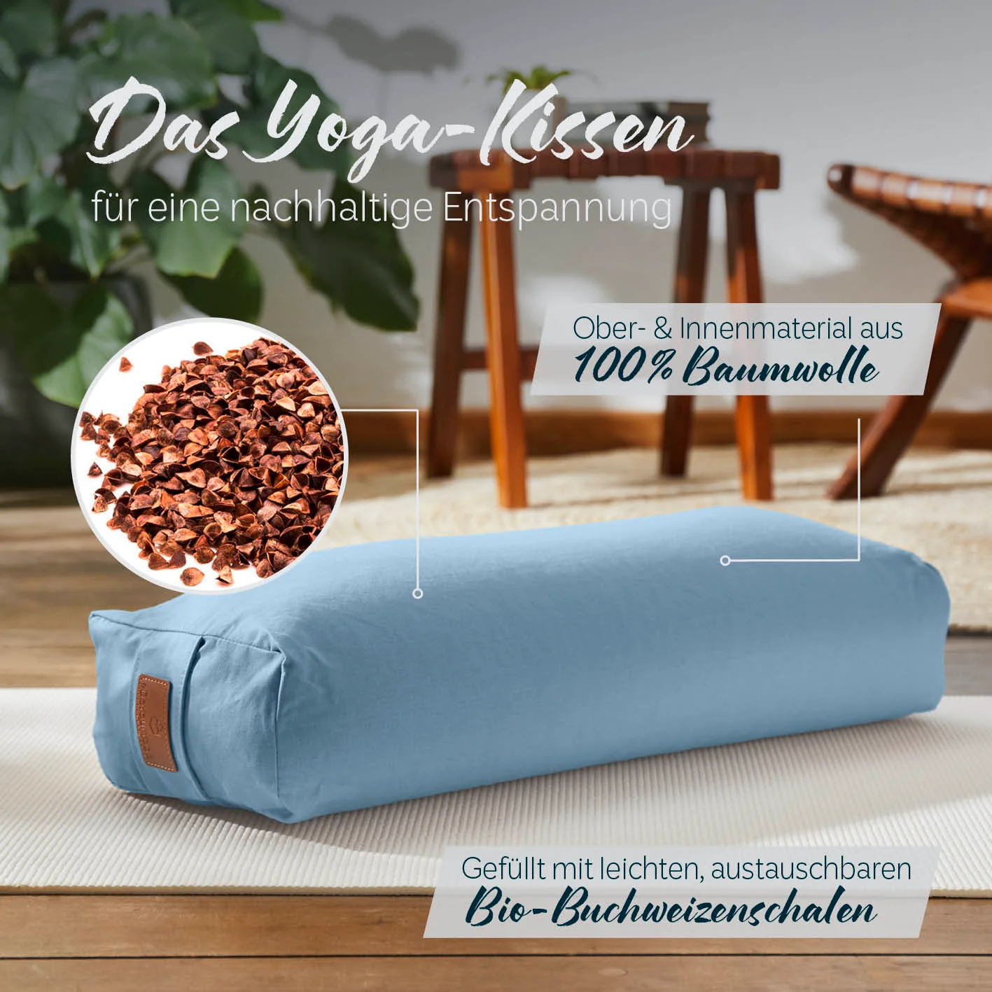 Yoga-Bolster Paravati - gefüllt mit Bio-Buchweizenschalen - 67 x 22 x 13 cm - Hellblau - Image 2