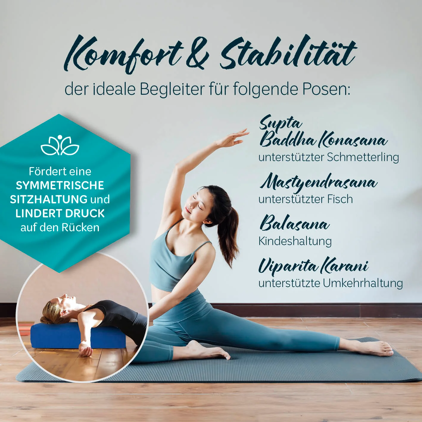 Yoga-Bolster Paravati - gefüllt mit Bio-Buchweizenschalen - 67 x 22 x 13 cm - Navyblau - Image 4