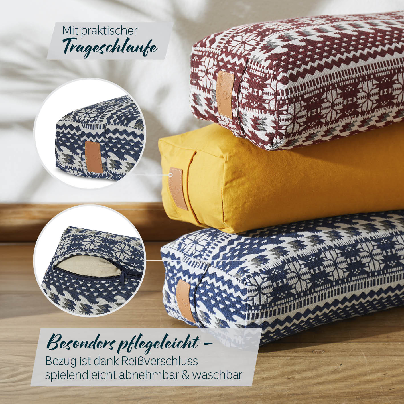 Yoga-Bolster Paravati - gefüllt mit Bio-Buchweizenschalen - 67 x 22 x 13 cm - Style 1 (Blau-Weiß) - Image 5