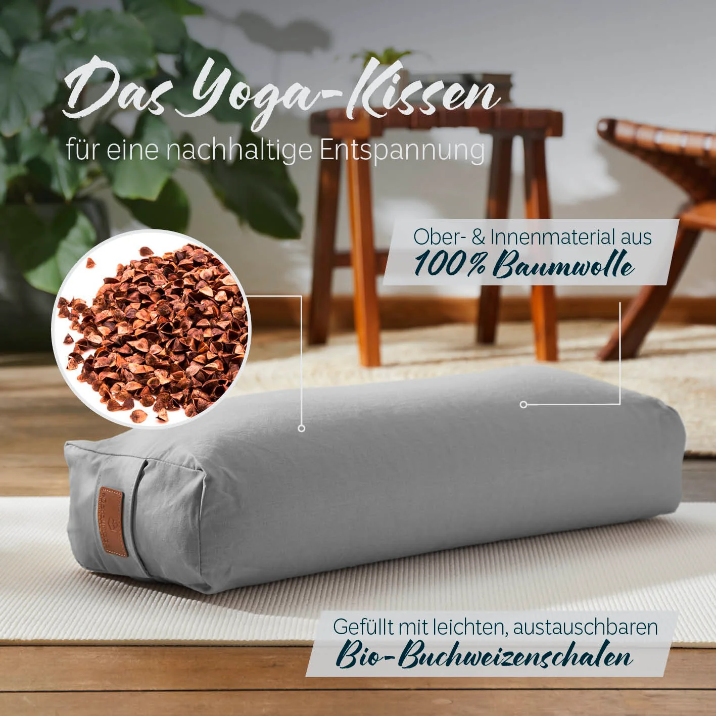 Yoga-Bolster Paravati - gefüllt mit Bio-Buchweizenschalen - 67 x 22 x 13 cm - Zementgrau - Image 2