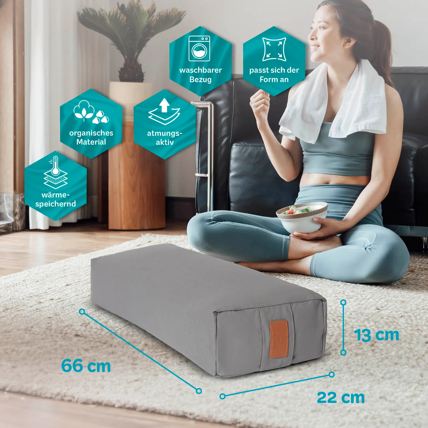 Yoga-Bolster Paravati - gefüllt mit Bio-Buchweizenschalen - 67 x 22 x 13 cm - Zementgrau - Image 3