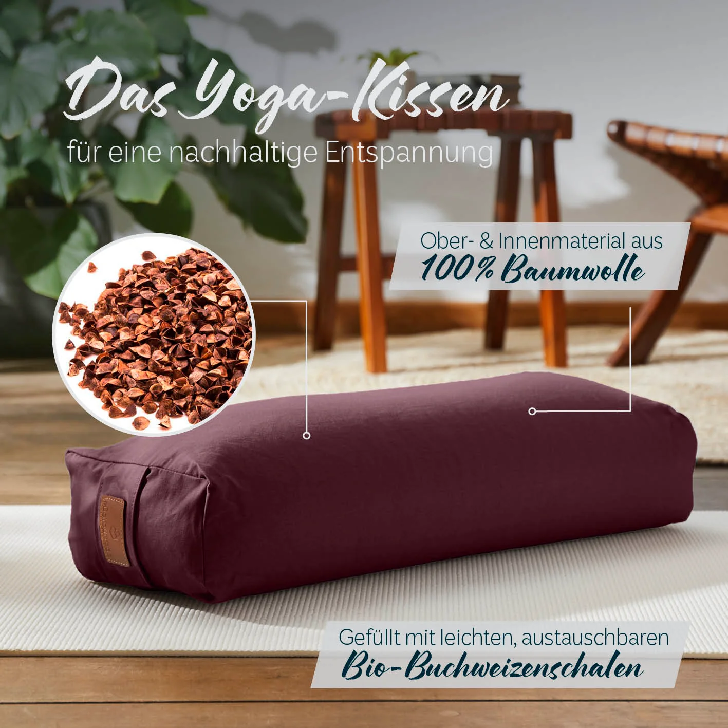 Yoga-Bolster Paravati - gefüllt mit Bio-Buchweizenschalen - 67 x 22 x 13 cm - Bordeaux - Image 2