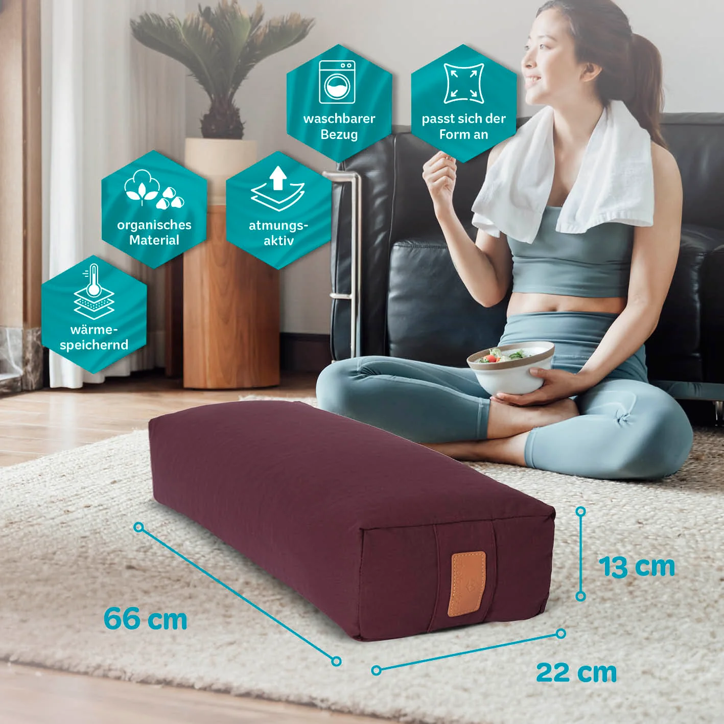 Yoga-Bolster Paravati - gefüllt mit Bio-Buchweizenschalen - 67 x 22 x 13 cm - Bordeaux - Image 3