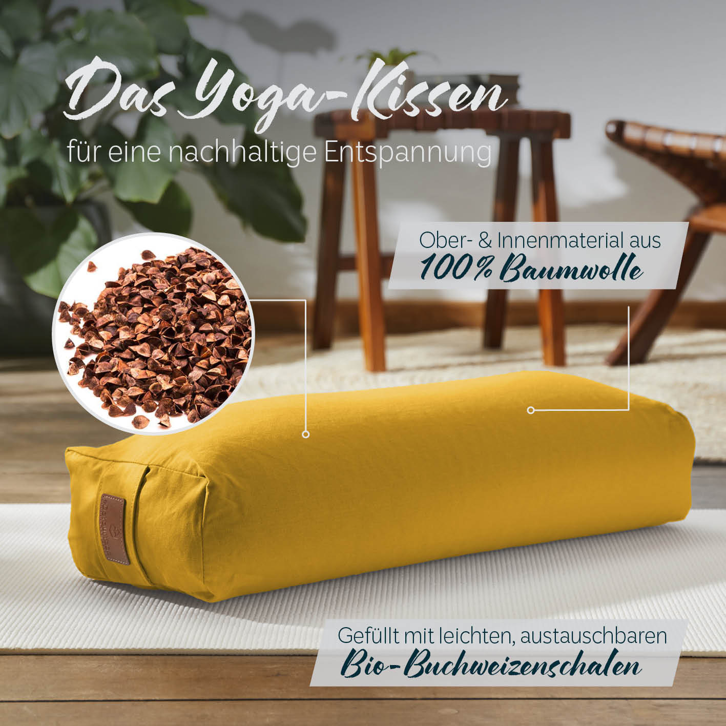 Yoga-Bolster Paravati - gefüllt mit Bio-Buchweizenschalen - 67 x 22 x 13 cm - Indischgelb - Image 2