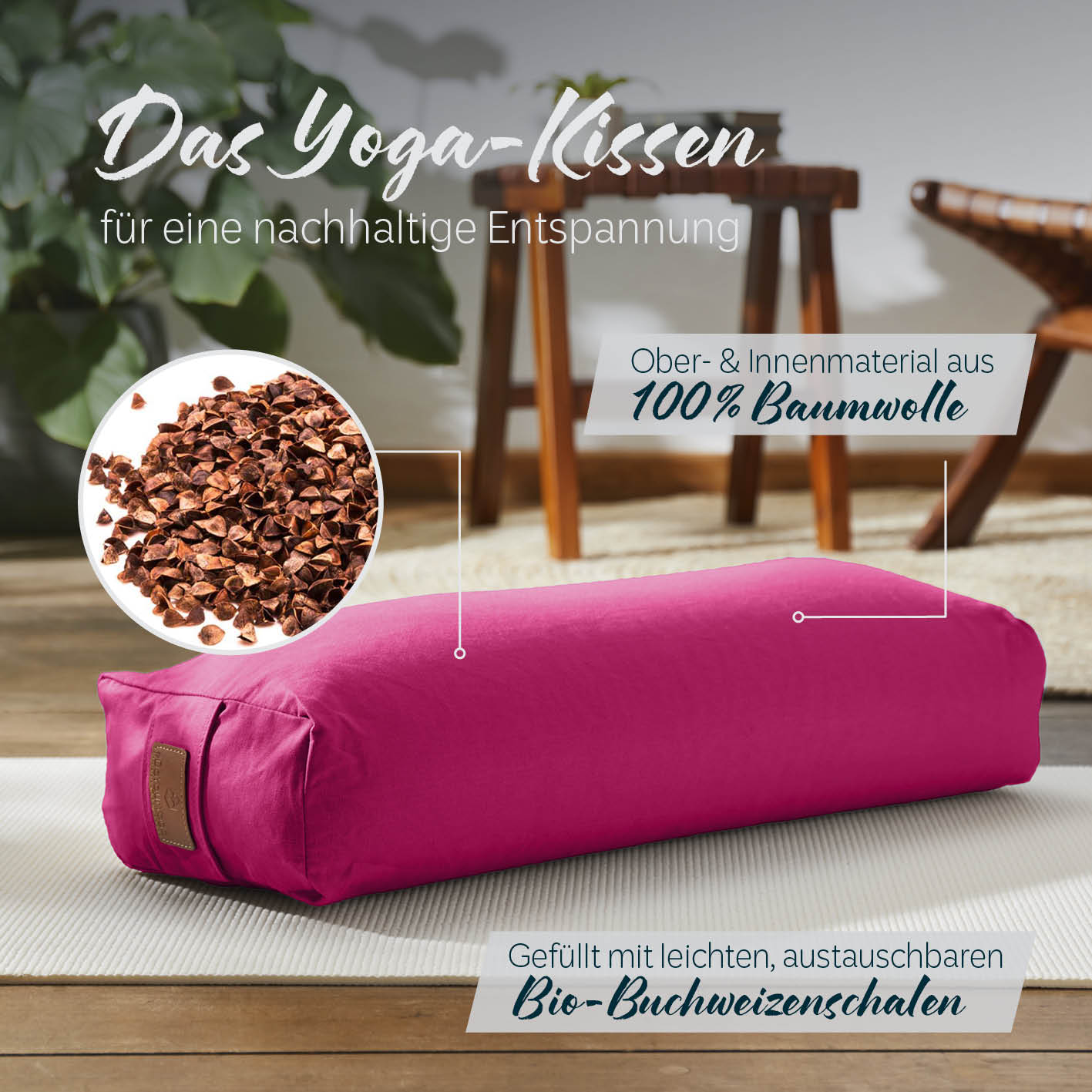 Yoga-Bolster Paravati - gefüllt mit Bio-Buchweizenschalen - 67 x 22 x 13 cm - Pink - Image 2