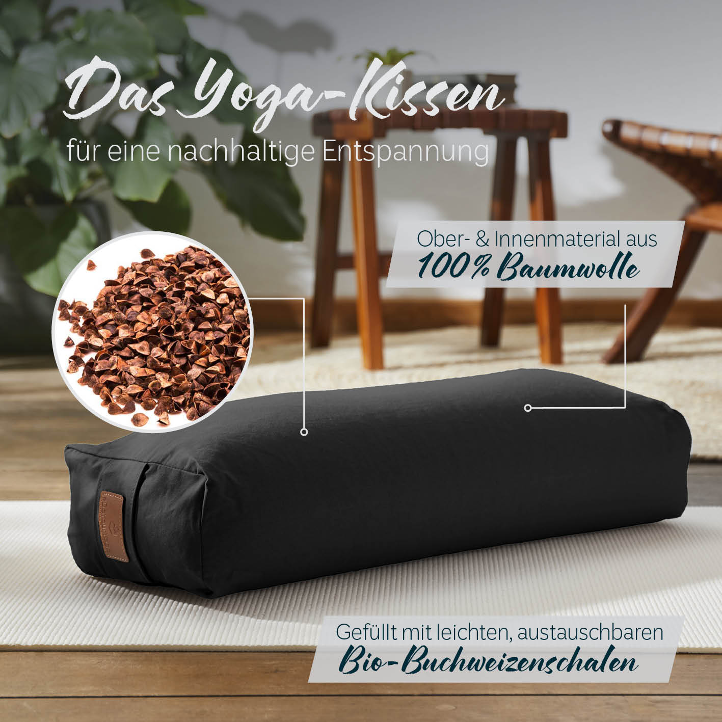 Yoga-Bolster Paravati - gefüllt mit Bio-Buchweizenschalen - 67 x 22 x 13 cm - Schwarz - Image 2