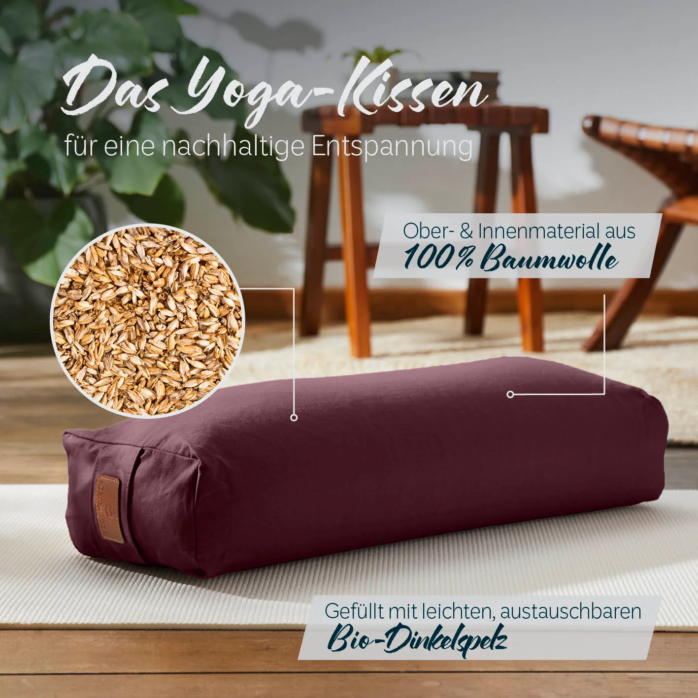 Yoga-Bolster Paravati - gefüllt mit Bio-Dinkelspelz - 67 x 22 x 13 cm - Bordeaux - Image 2