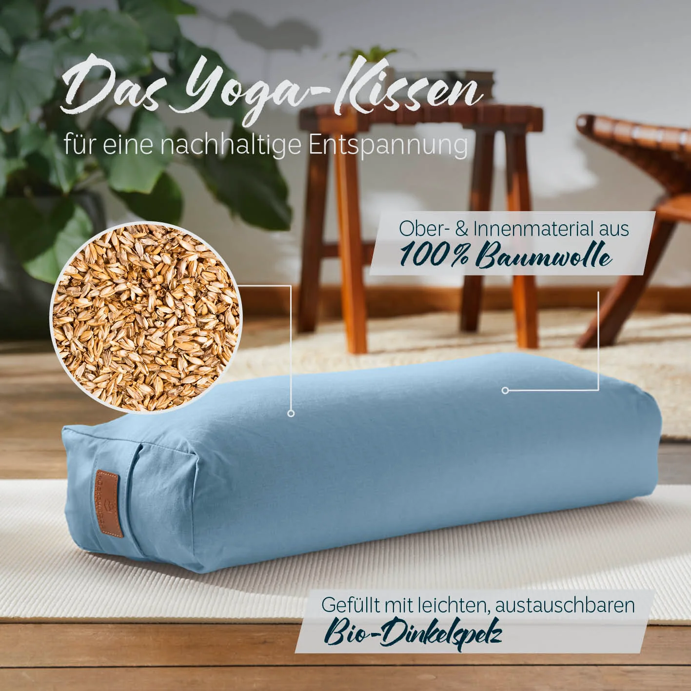 Yoga-Bolster Paravati - gefüllt mit Bio-Dinkelspelz - 67 x 22 x 13 cm - Hellblau - Image 2
