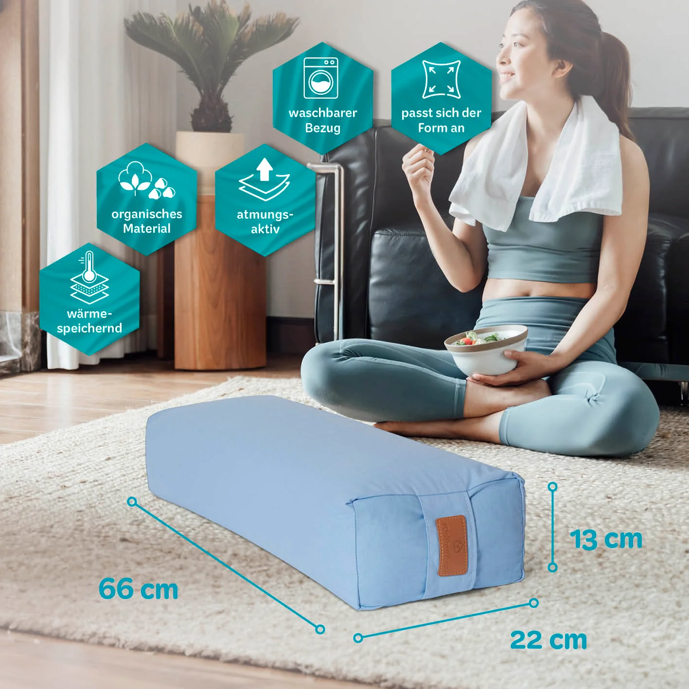 Yoga-Bolster Paravati - gefüllt mit Bio-Dinkelspelz - 67 x 22 x 13 cm - Hellblau - Image 3